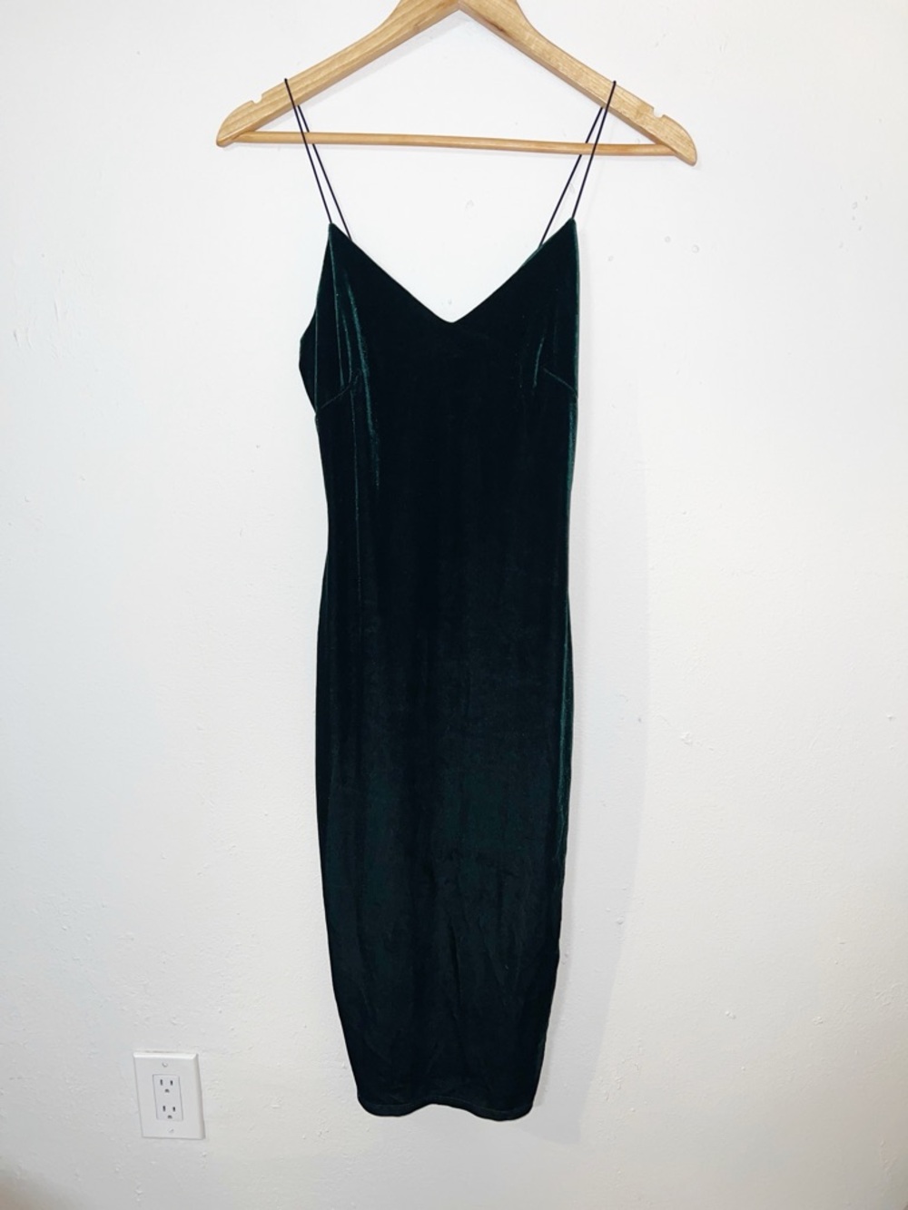 The Vintage Shop Velvet Spaghetti Strap Slip Dress in Deep Green